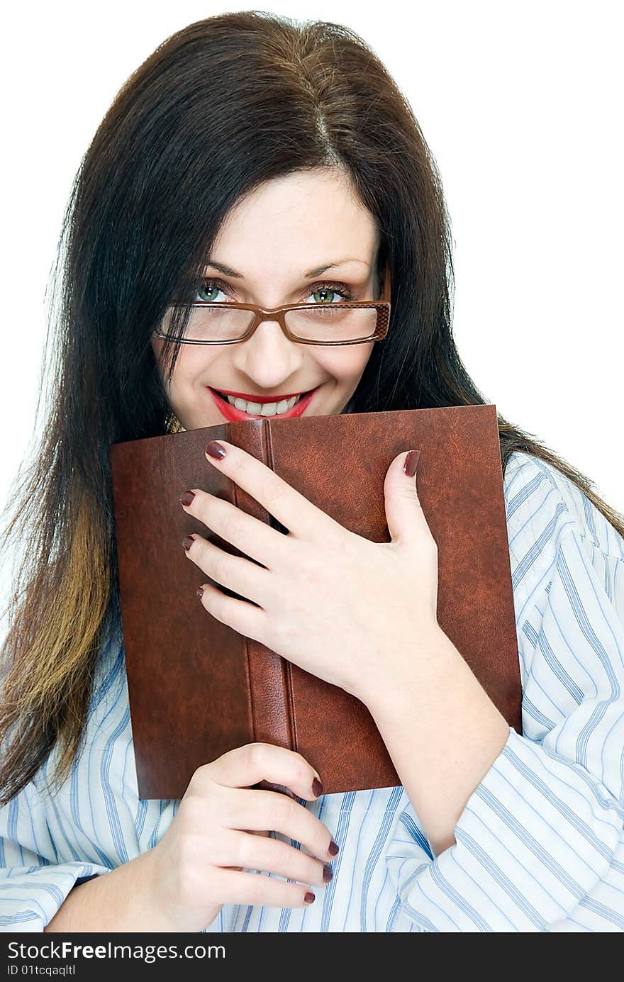 Young pretty woman with book on white background. Young pretty woman with book on white background