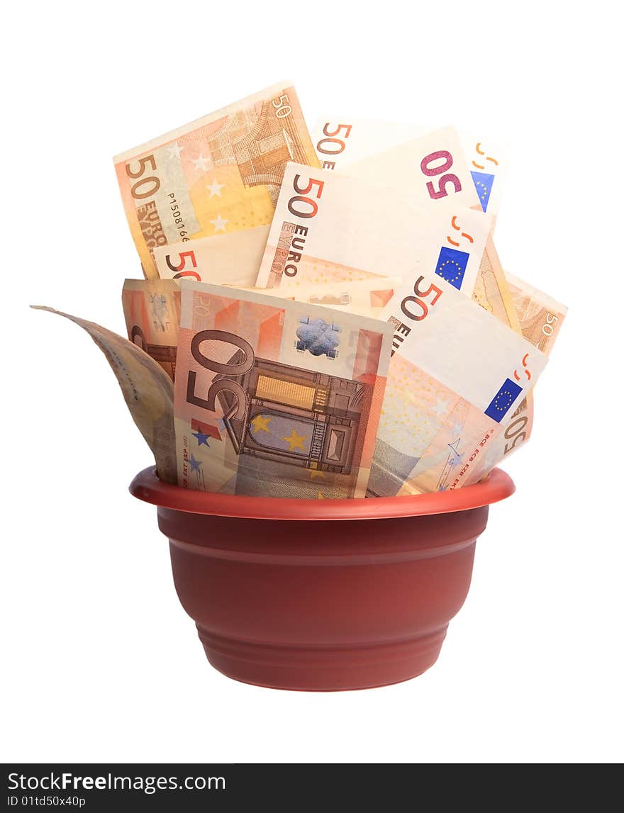 A photo of euro in pot on white background. A photo of euro in pot on white background