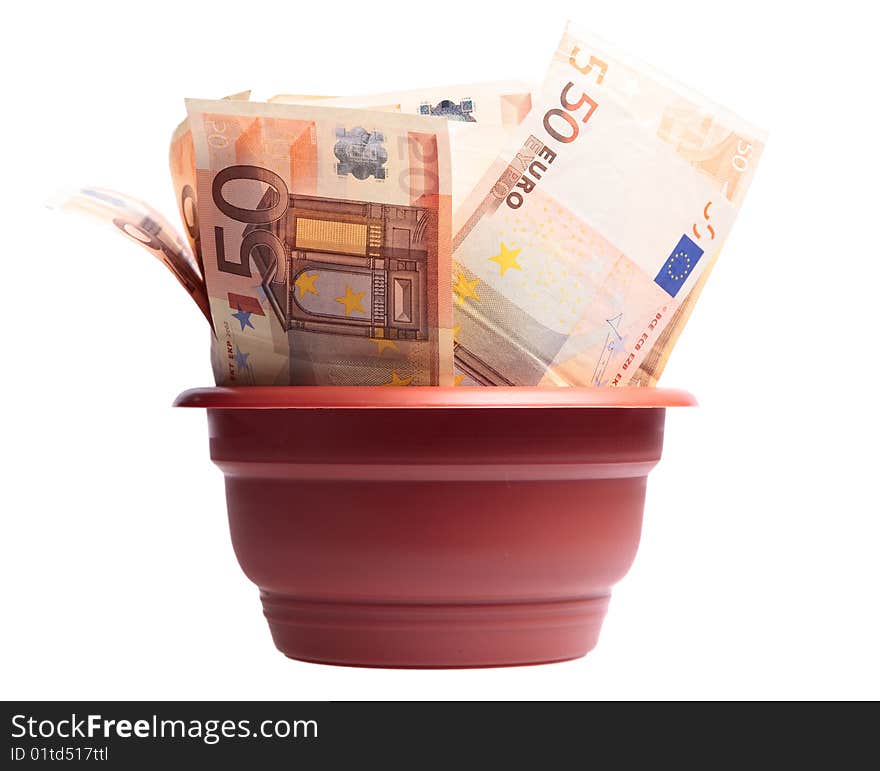 A photo of euro in pot  on white background. A photo of euro in pot  on white background