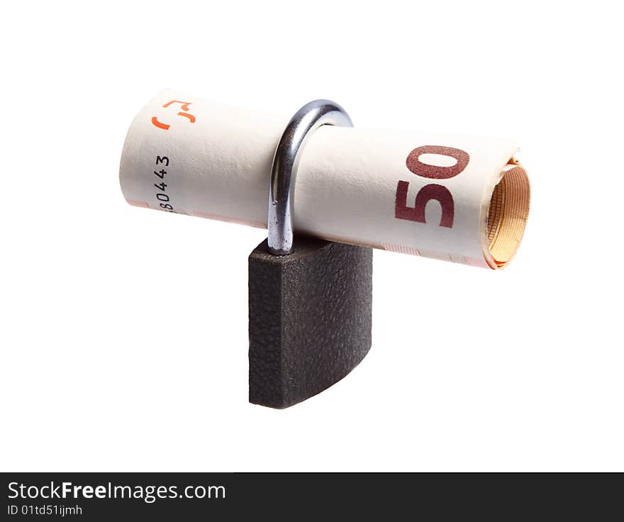 Padlock With Banknote Inside Over White Background