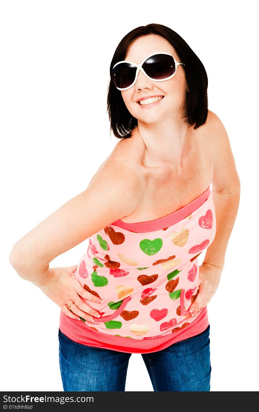 Smiling woman wearing sunglasses isolated over white