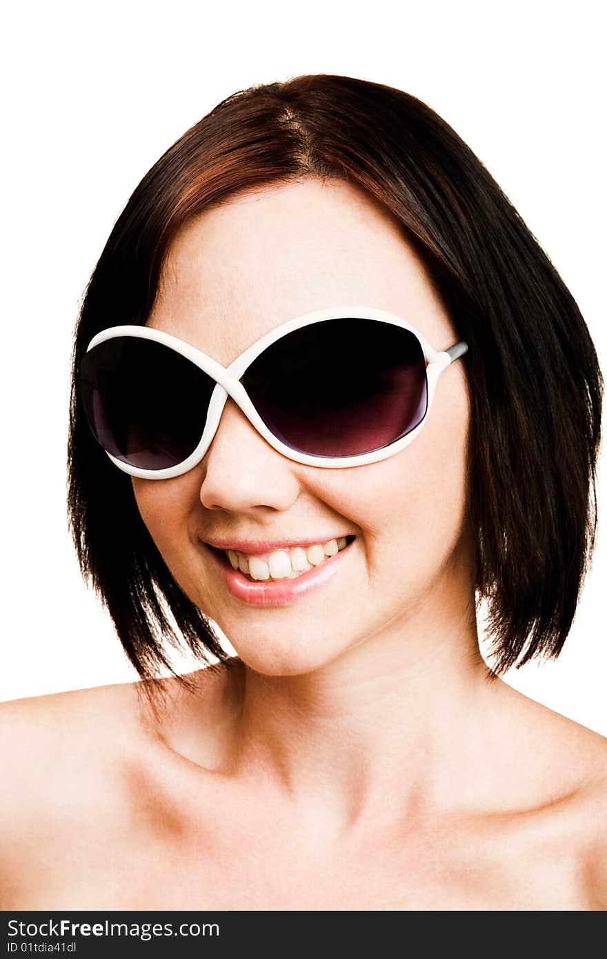 Close-up of a woman wearing sunglasses isolated over white. Close-up of a woman wearing sunglasses isolated over white