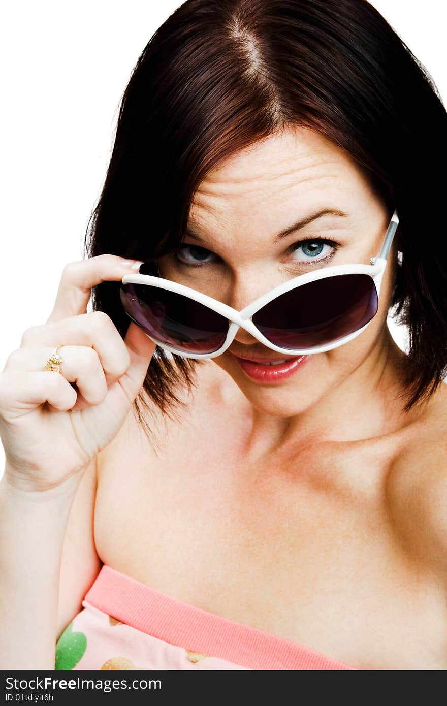 Portrait of a woman wearing sunglasses isolated over white. Portrait of a woman wearing sunglasses isolated over white