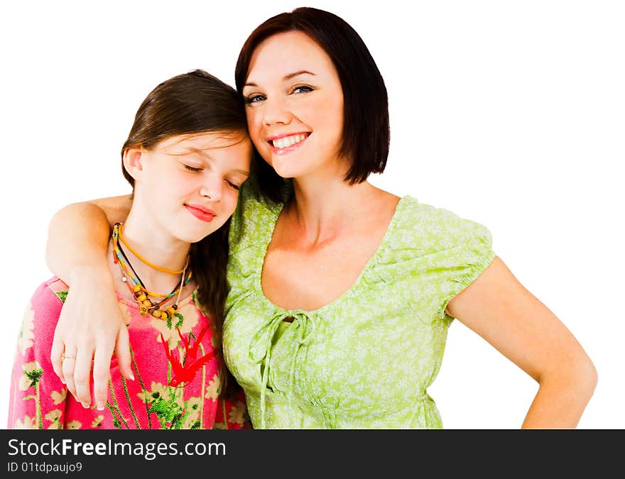 Woman arm around a girl isolated over white