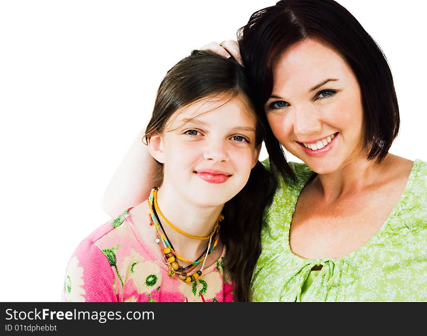 Smiling girl and woman posing isolated over white