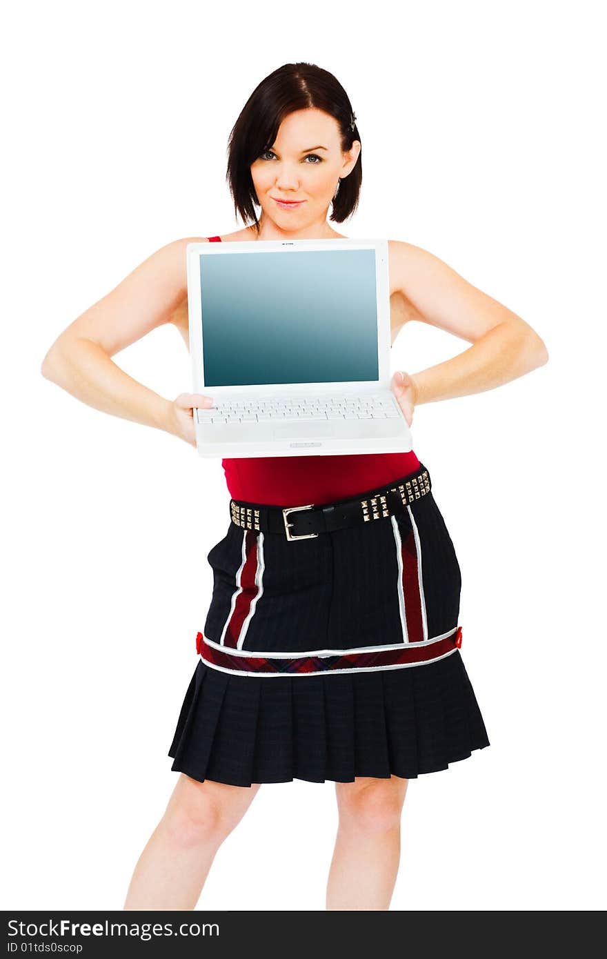 Portrait of woman holding laptop