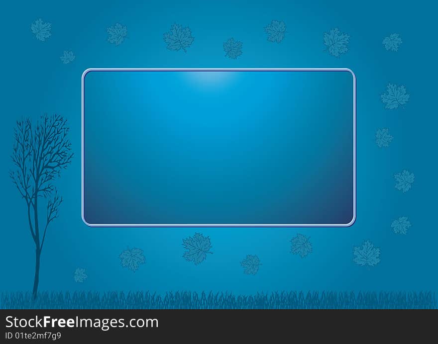 Blue background frame with autumn leaves and a leafless tree. Blue background frame with autumn leaves and a leafless tree.