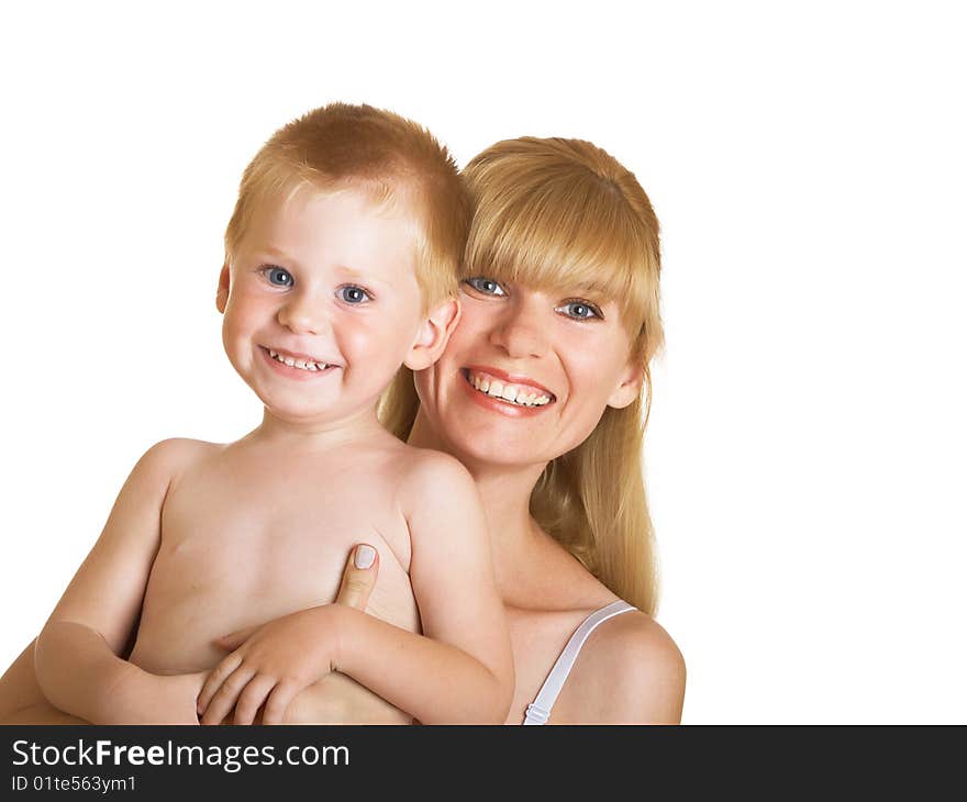 Young mum with the small son on a white background. Young mum with the small son on a white background