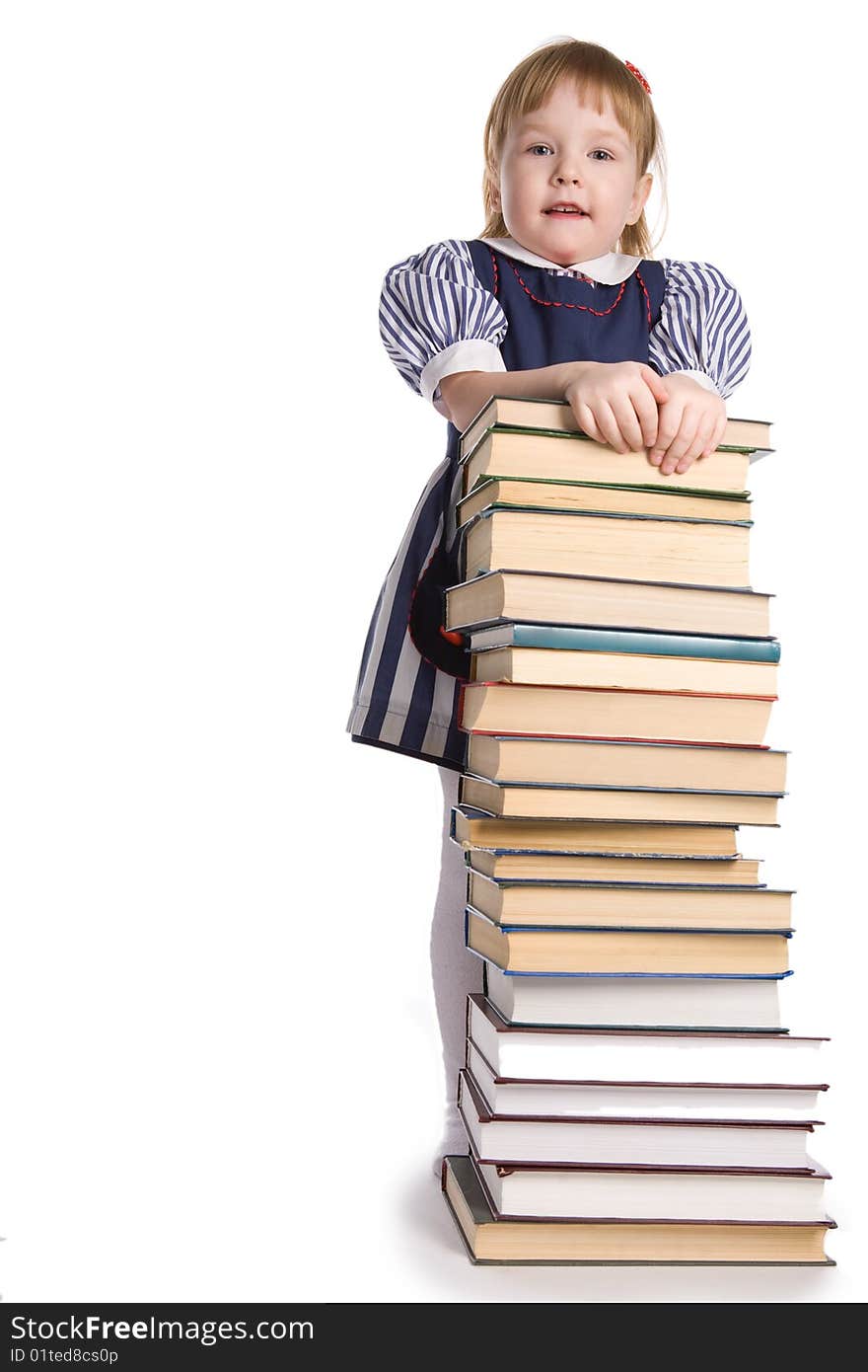 Little baby with books isolated