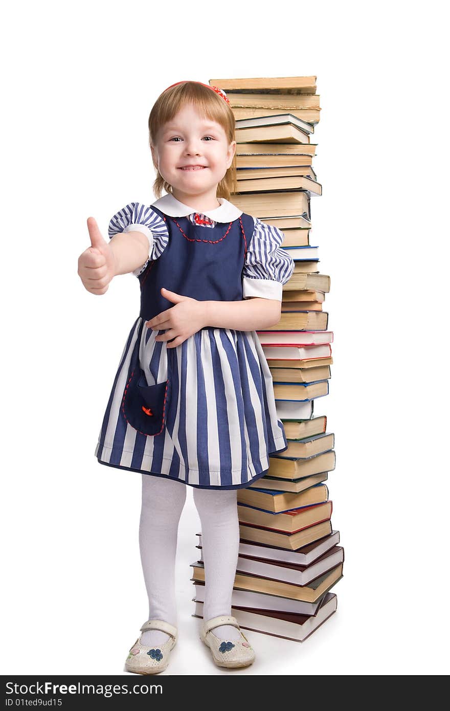 Little baby with books isolated on white background