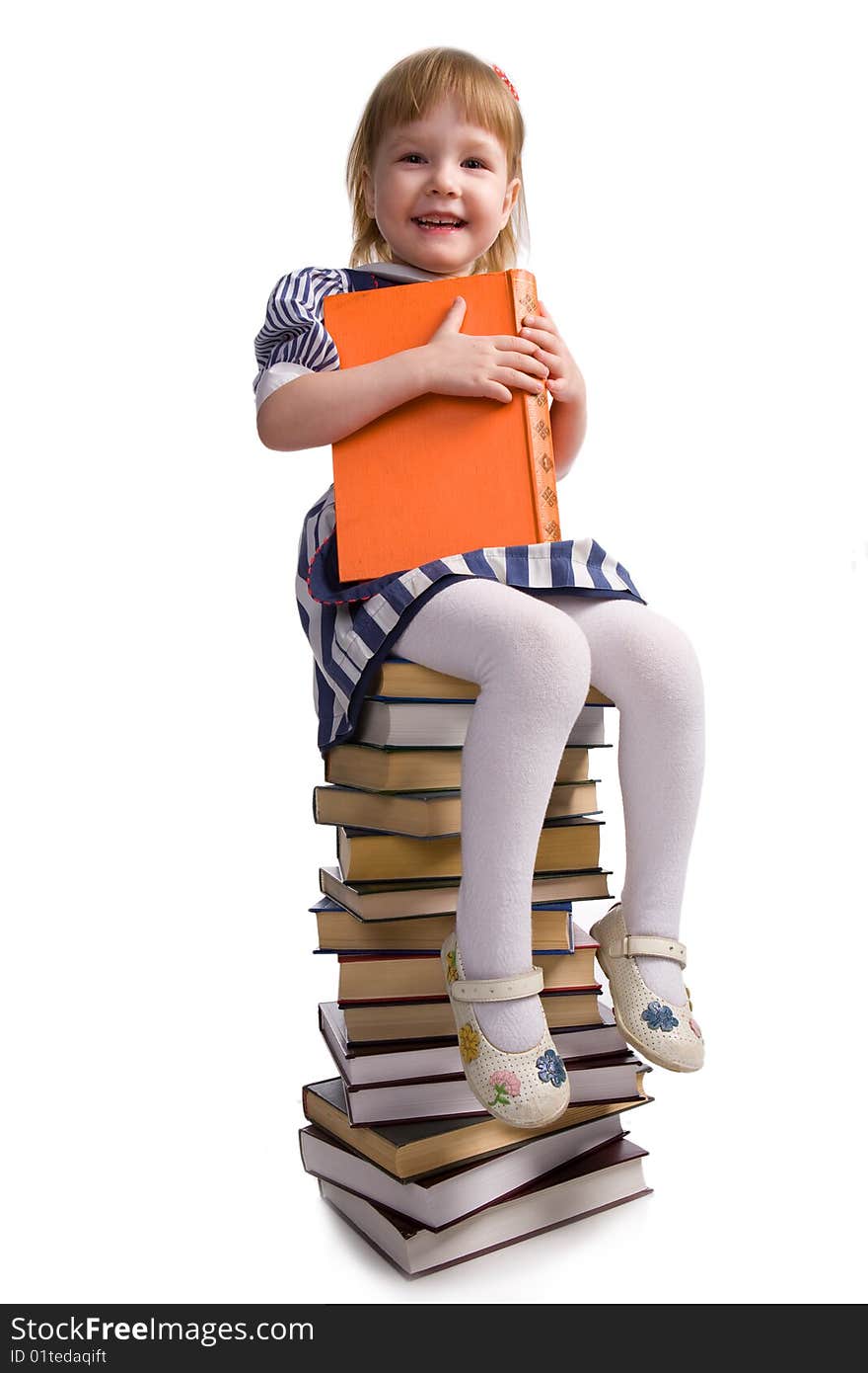 Little baby with books isolated