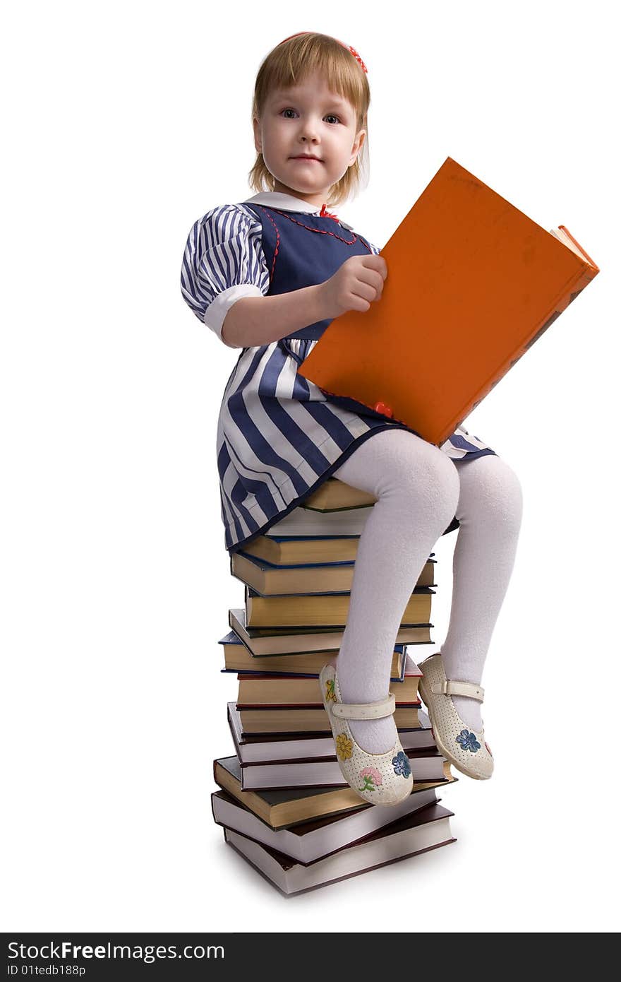 Little baby with books isolated on white background