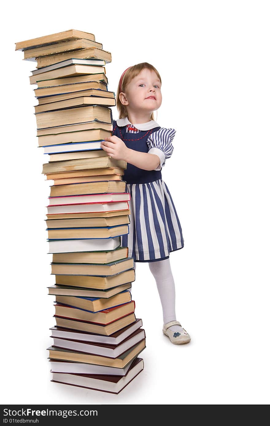 Little baby with books isolated on white background