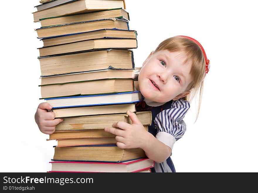 Little baby with books isolated on white background