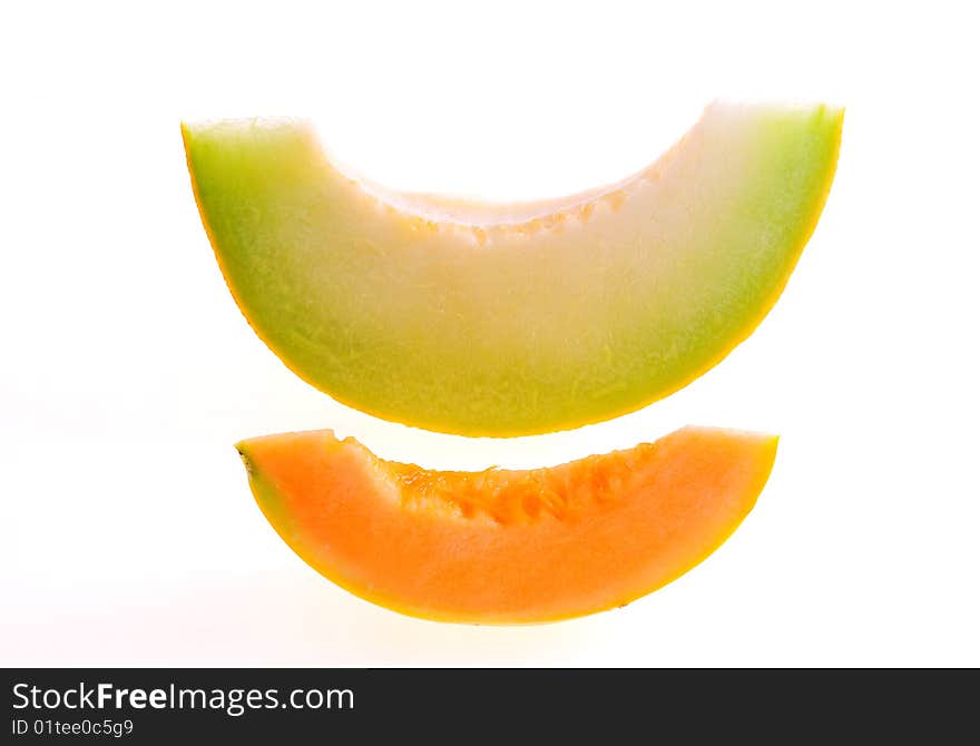 Melon slices on white background.