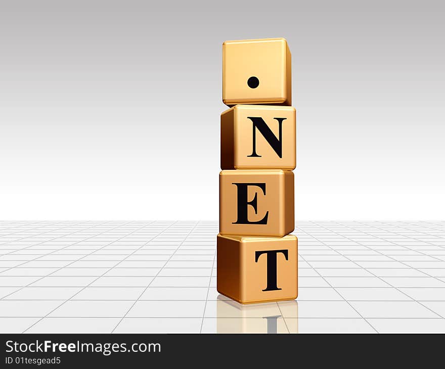 3d golden cubes with black letters with text dotnet with reflection. 3d golden cubes with black letters with text dotnet with reflection