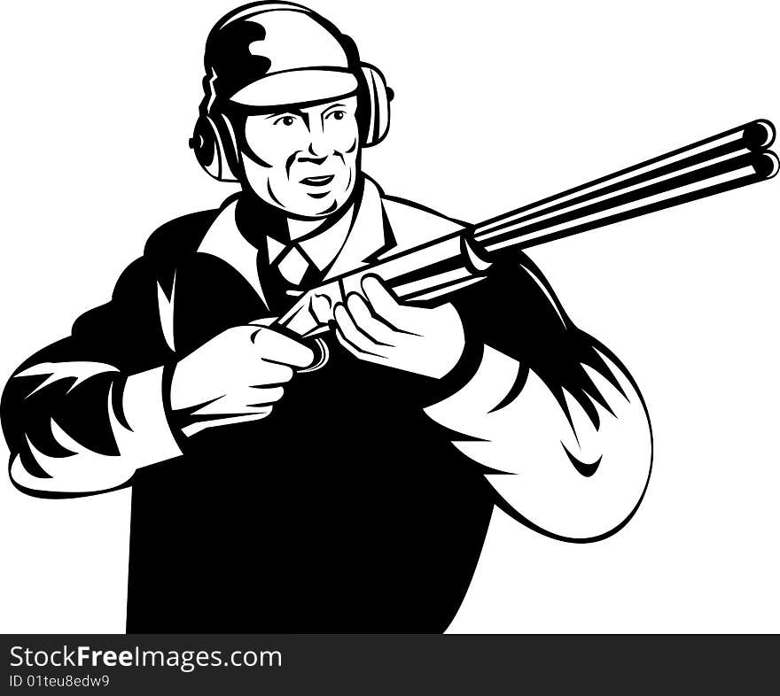 Vector illustration of a Hunter aiming  a rifle on white background black and white