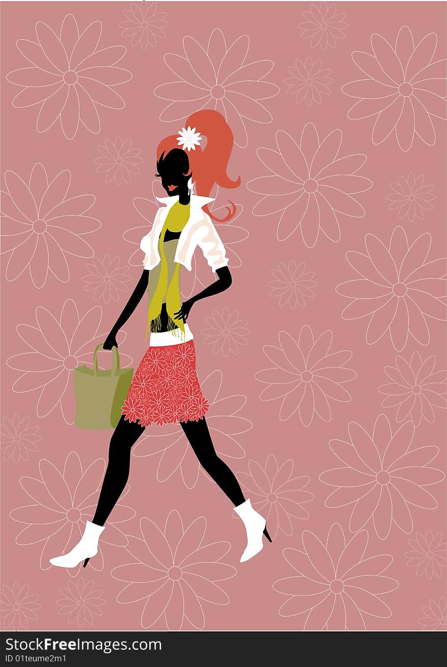 Vector illustration of walking young woman silhouette on the funky floral background.