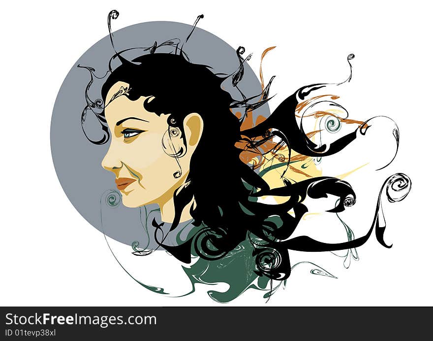 Vector illustration of woman portrait with stylized scrolls and others grunge swirl elements. Vector illustration of woman portrait with stylized scrolls and others grunge swirl elements