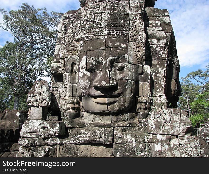 Photo of an iconic face on the bayon temple near siem reap, cambodia.