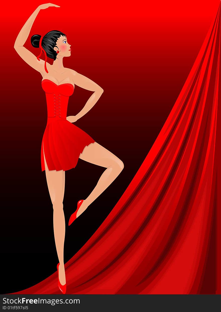 The young girl the ballerina dances dance on a stage on a background of a velvet curtain in a vector