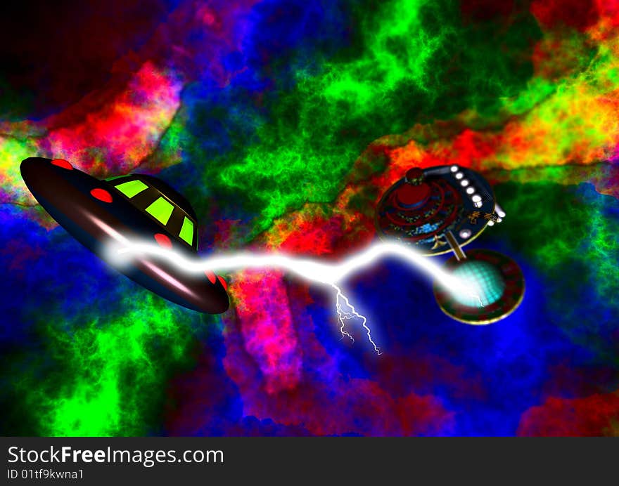 Illustration of energy swapping between two UFO's