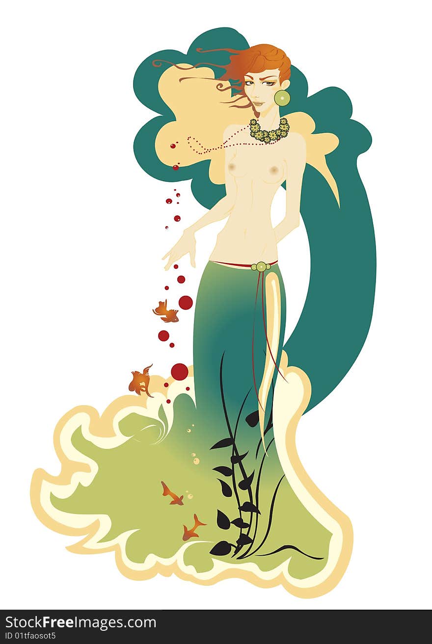 Vector illustartion of beautiful mermaid, decorated with flowers, fishes and seaweed.