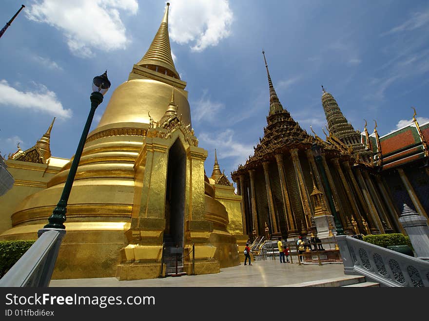 A thai golden pagoda in grand palace in Bangkok, taken by wide angle lens