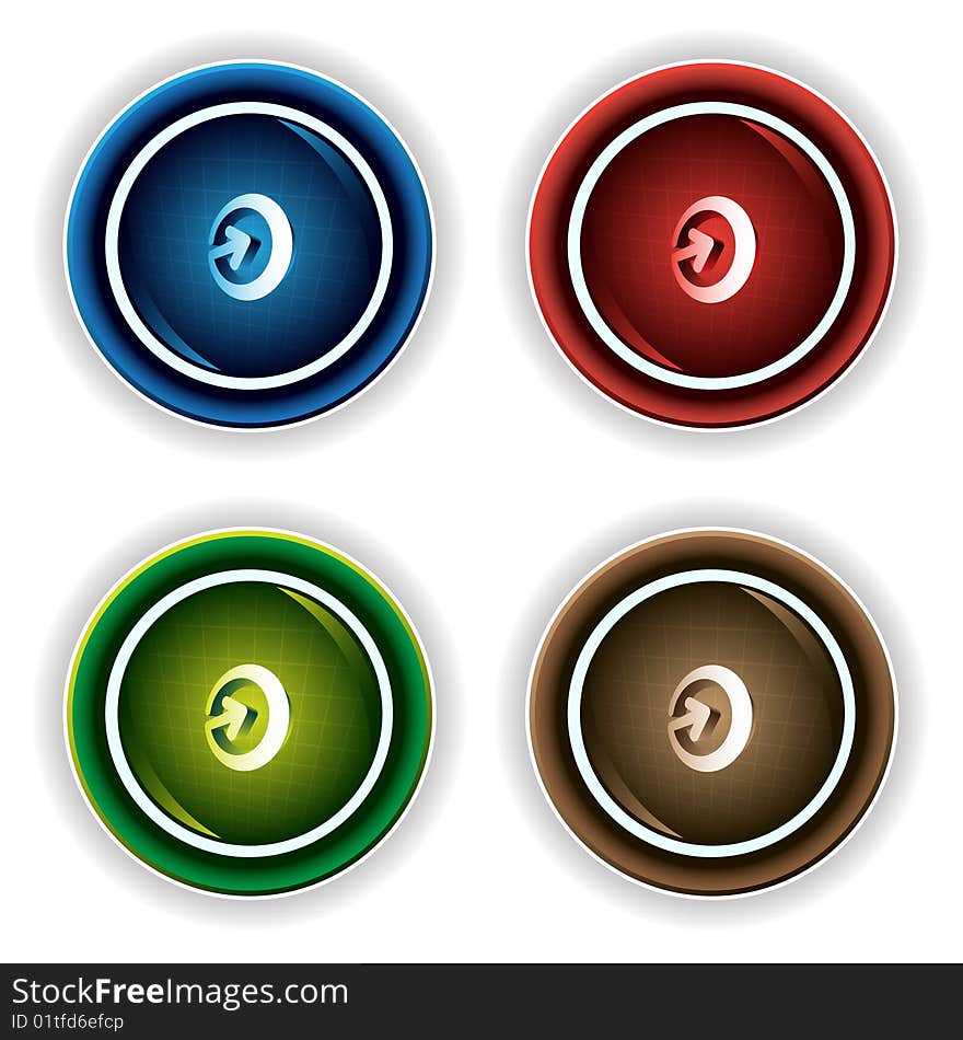 Blue, red, green and brown buttons on the white background. Blue, red, green and brown buttons on the white background