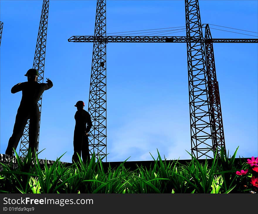 Group of the workers on a background of the sky