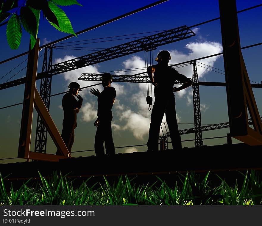 Group of the workers on a background of the sky