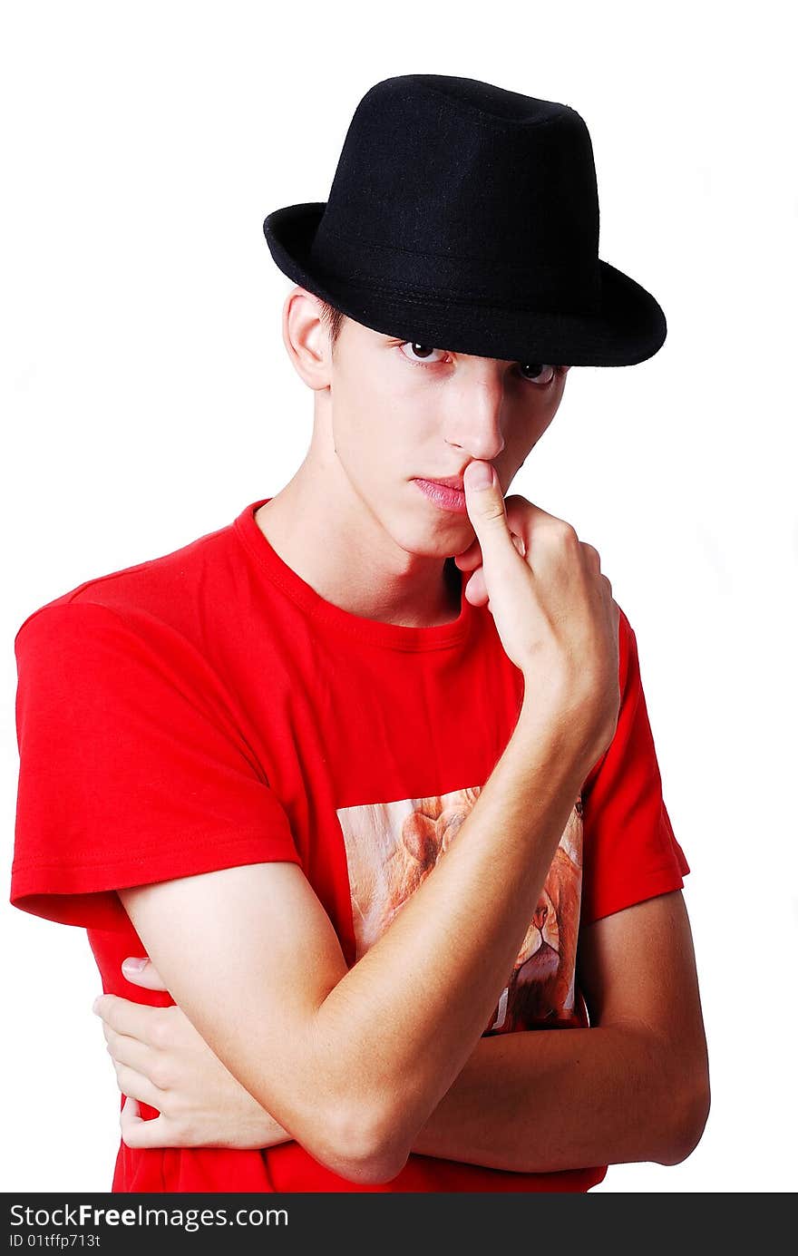 Young model with hat on head