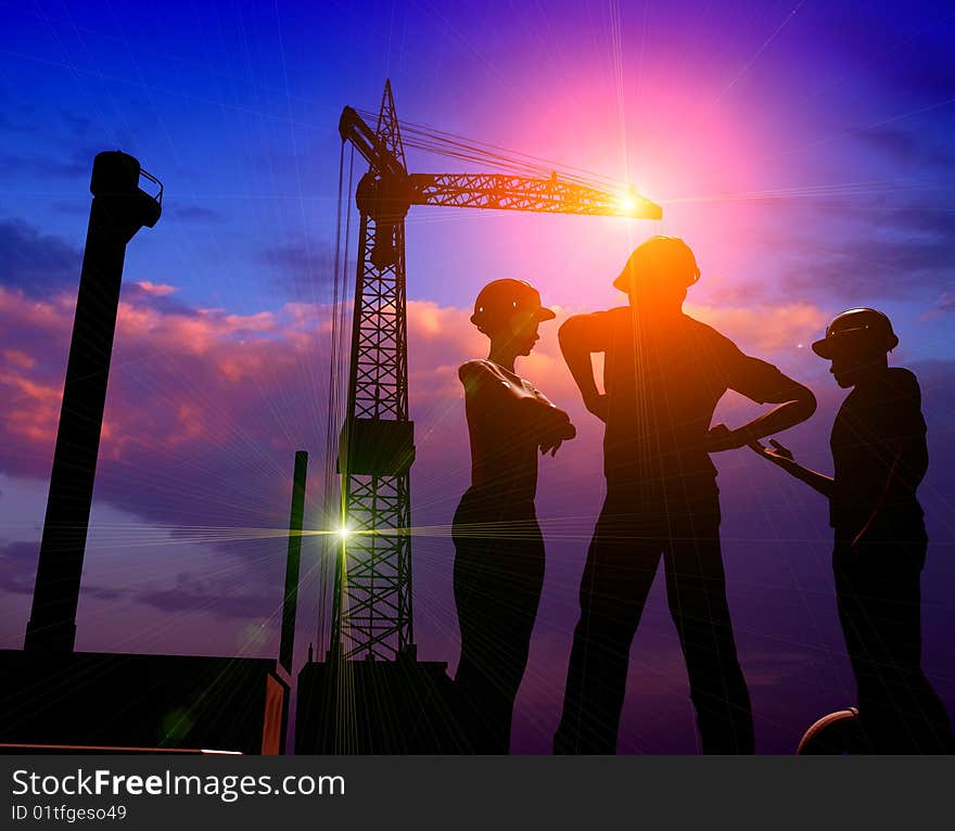 Group of the workers on a background of the sky