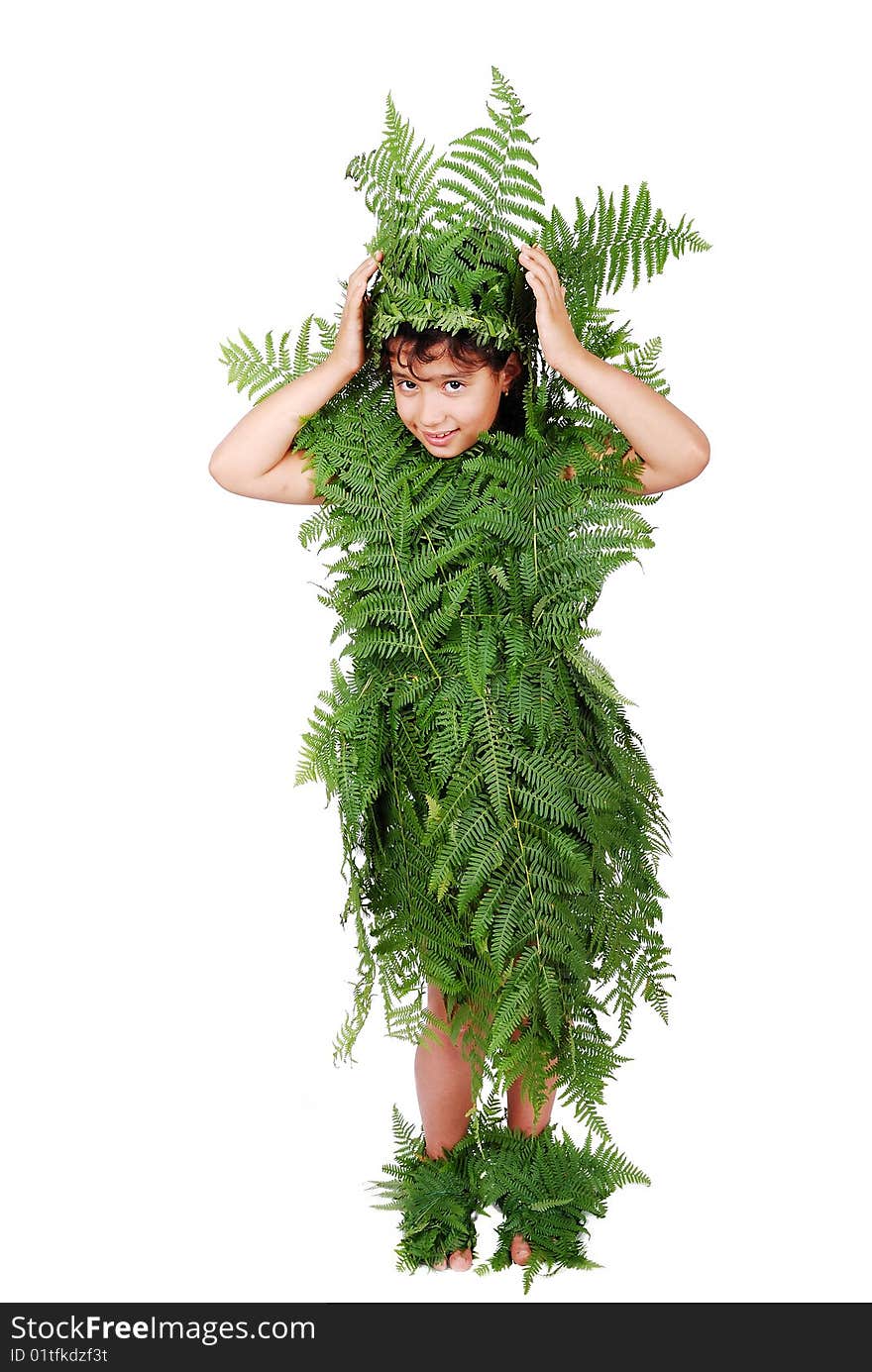 Pretty Little Girl Dressed In Green Plant Leafs