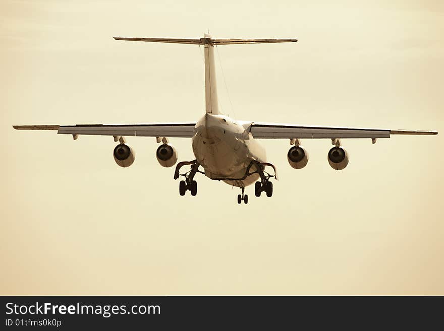 Plane approaching for landing rear view. Plane approaching for landing rear view