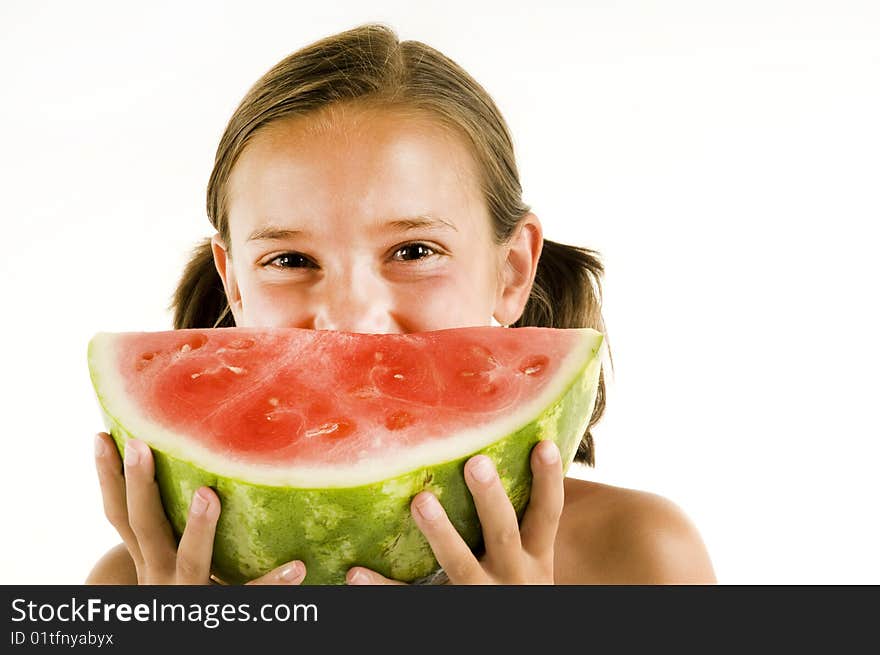 Young girl with a watermelon as smile. Young girl with a watermelon as smile