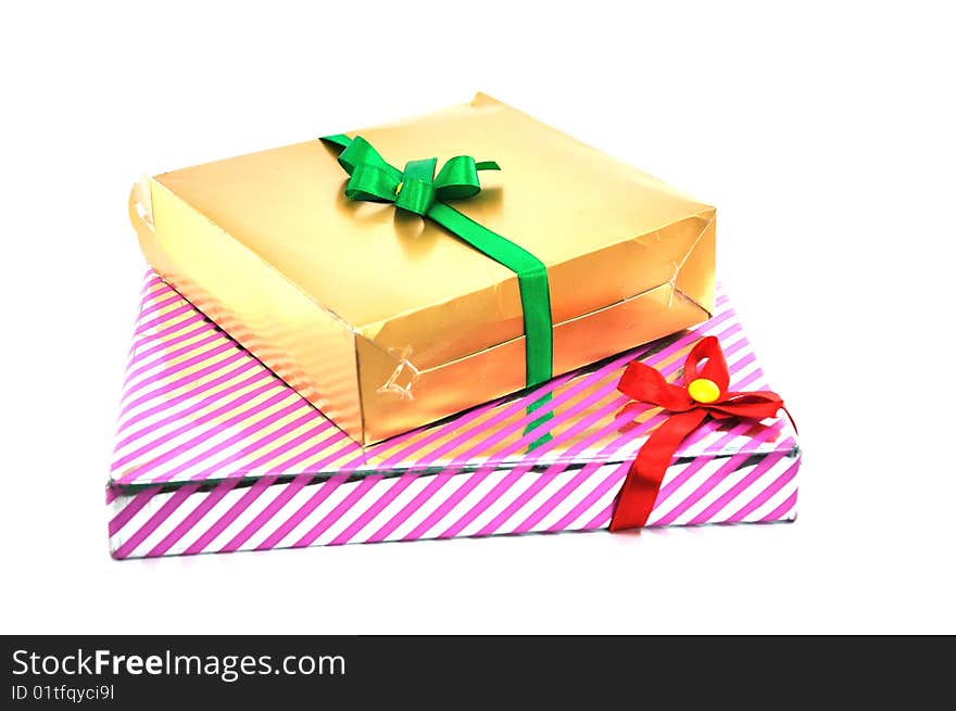 Decorated gift boxes with colorful bows.