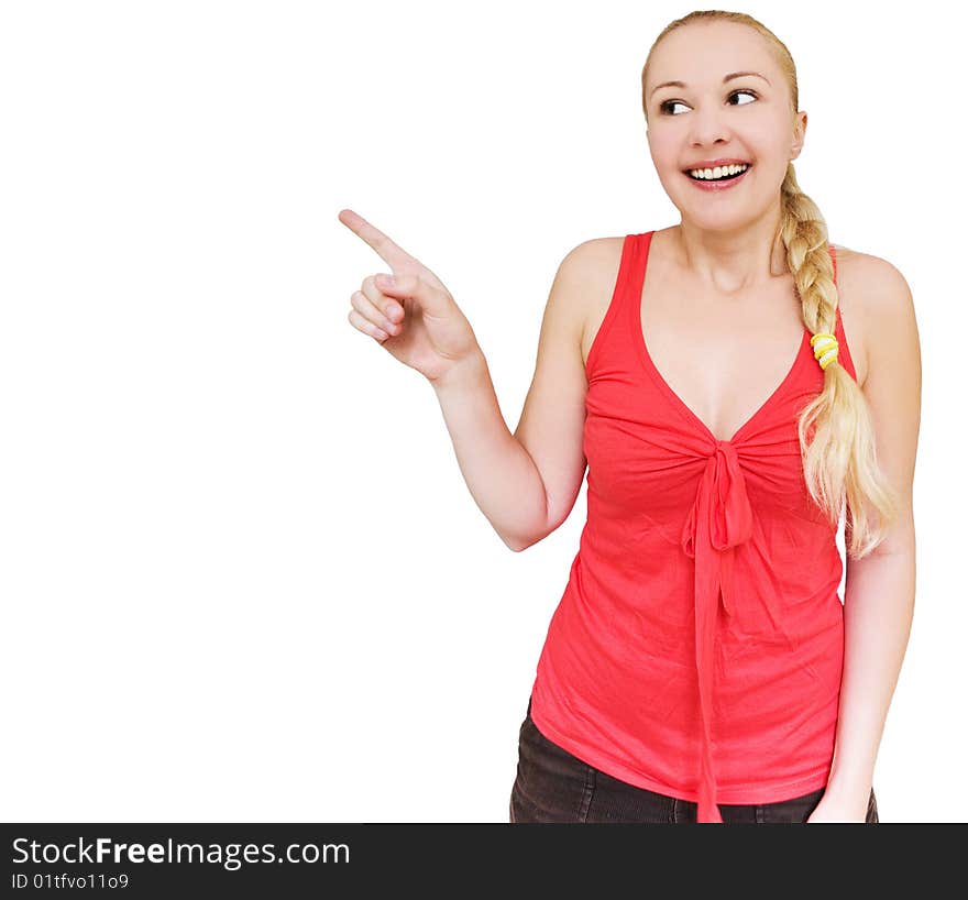 Smiling Woman Pointing Towards Copyspace