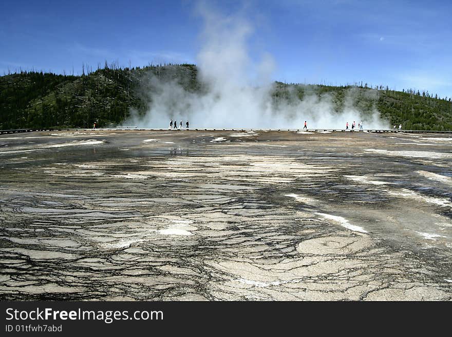 This was shot in Yellowstone National Park in July, 2009. The boardwalk is leading to geothermal features of the national park. With half of the earthâ€™s geothermal features, Yellowstone holds the planetâ€™s most diverse and intact collection of geysers, hot springs, mudpots, and fumaroles. Its more than 300 geysers make up two thirds of all those found on earth