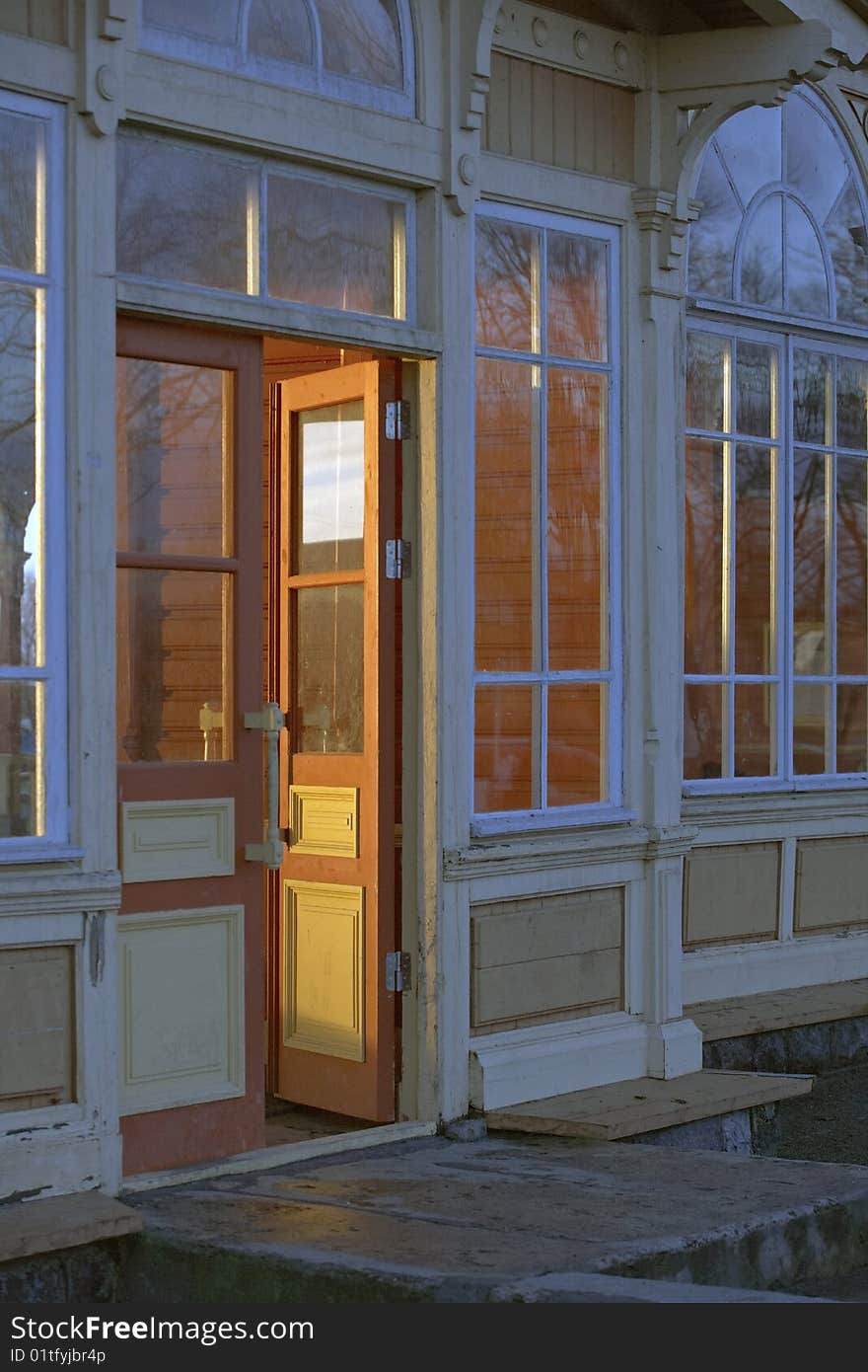 Wooden entrance door of the wooden train station in Haapsalu, Estonia. Wooden entrance door of the wooden train station in Haapsalu, Estonia