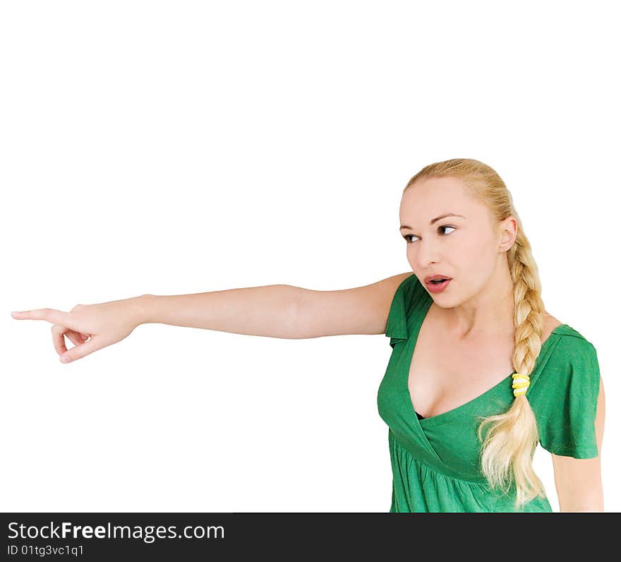 Woman pointing towards copyspace