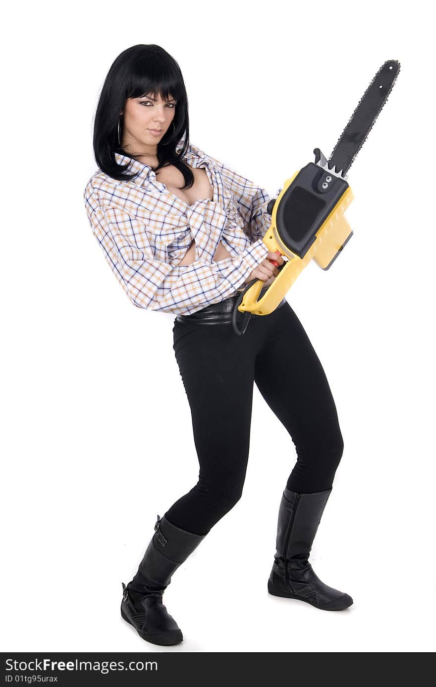 Beautiful Forestry Woman Worker With A Chainsaw