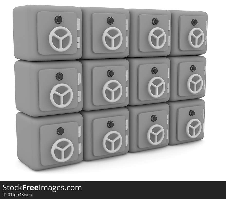 Safes on white background. Made in 3d