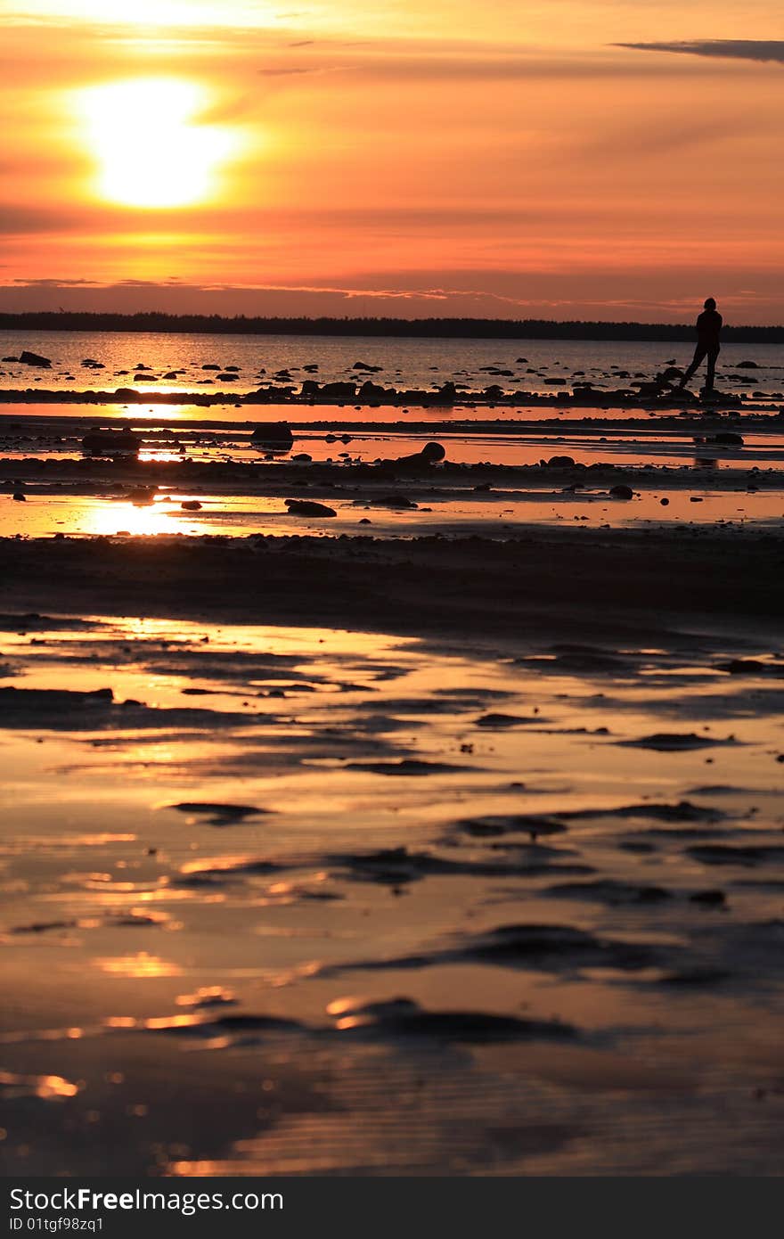 Sunset on the sea shore in Finland