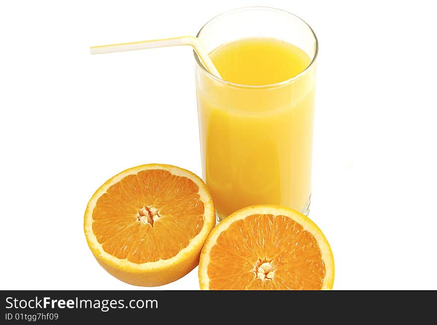 Glass of juice with slices of fresh orange isolated over white. Glass of juice with slices of fresh orange isolated over white.