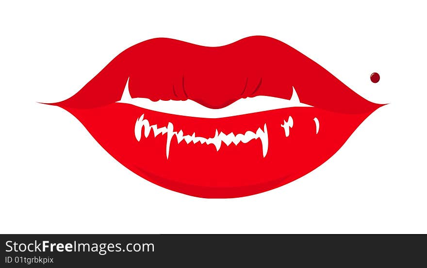 Big red lips with sharp teeth and beauty mole. Big red lips with sharp teeth and beauty mole