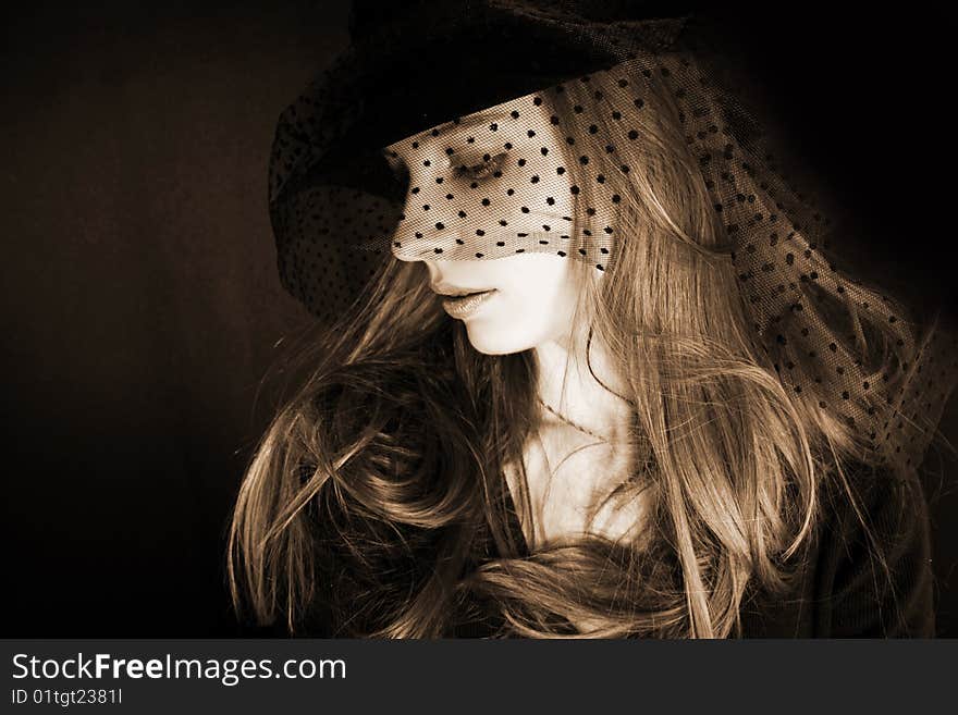 Girl in clasic hat with veil. Girl in clasic hat with veil