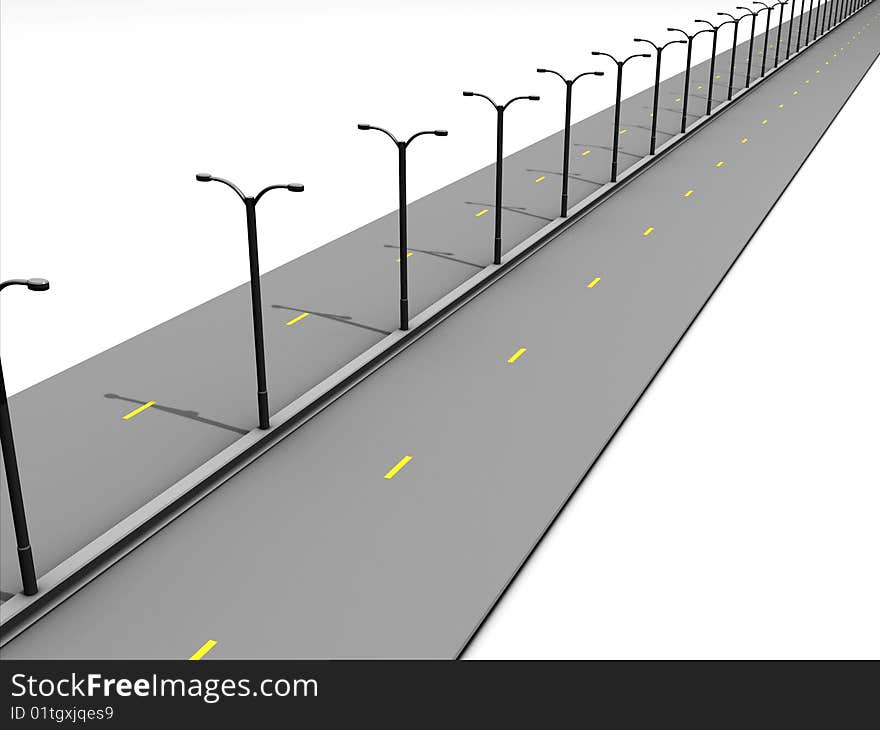 3D rendered image of a road with streetlamps