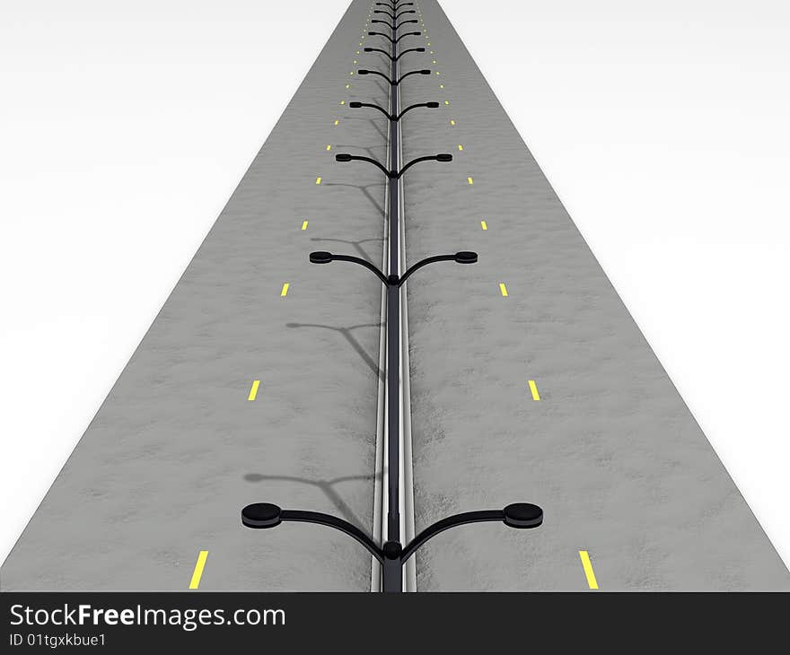 3D rendered image of a road with streetlamps