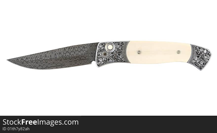 Hand made custom knife with ivory inlay and Damascus Steel blade